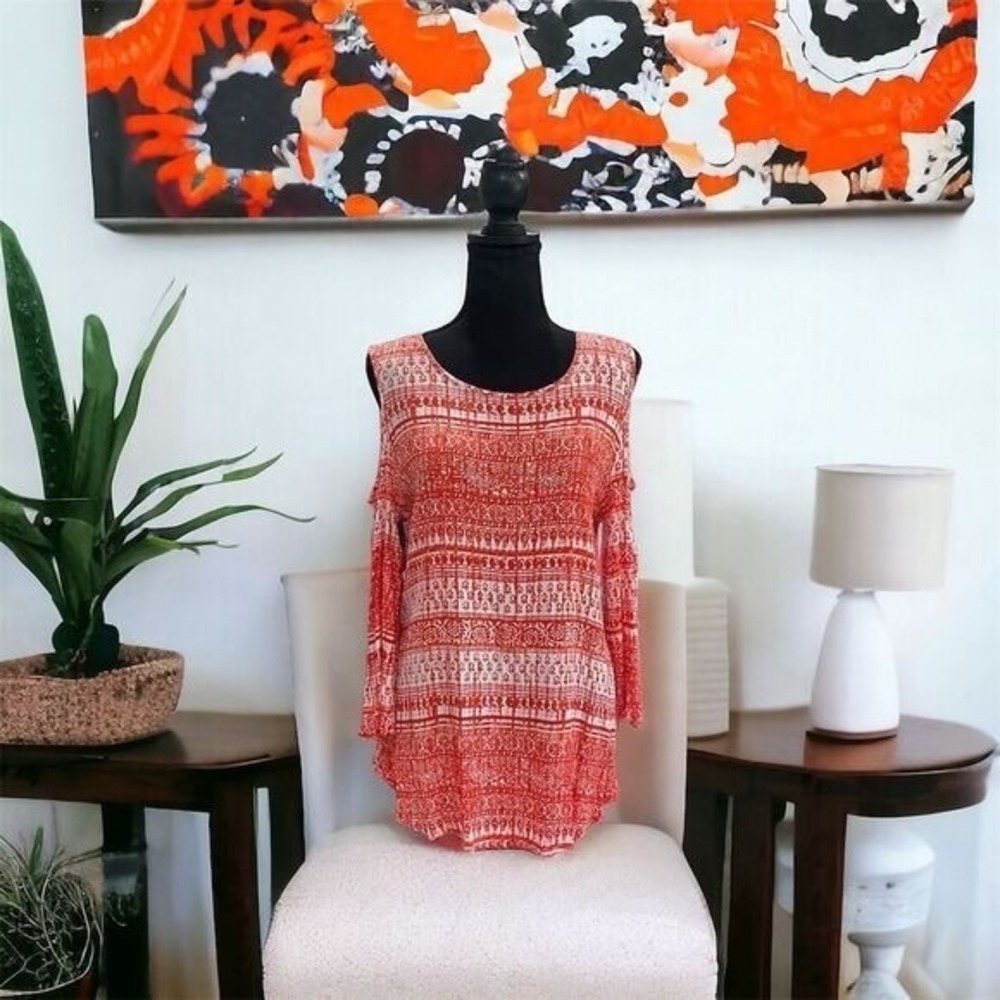 New Directions Women's Geometric Tank Top‎ Red Sleeveless Curved Hem L Flowy